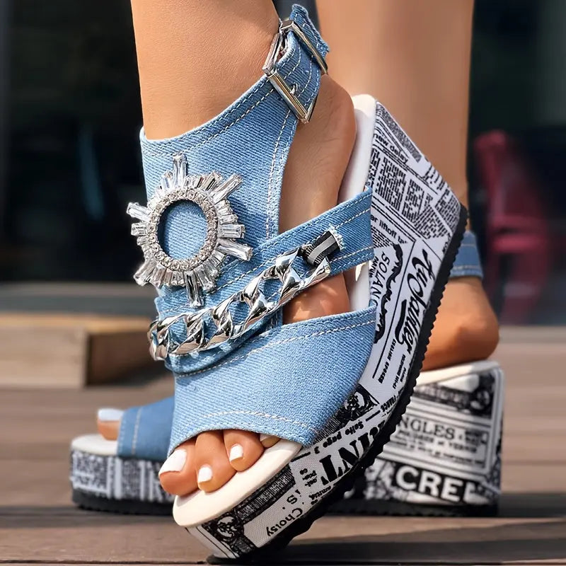 Newspaper Buckle Denim Wedge Slippers - Without Anklet Chic Le'Meek