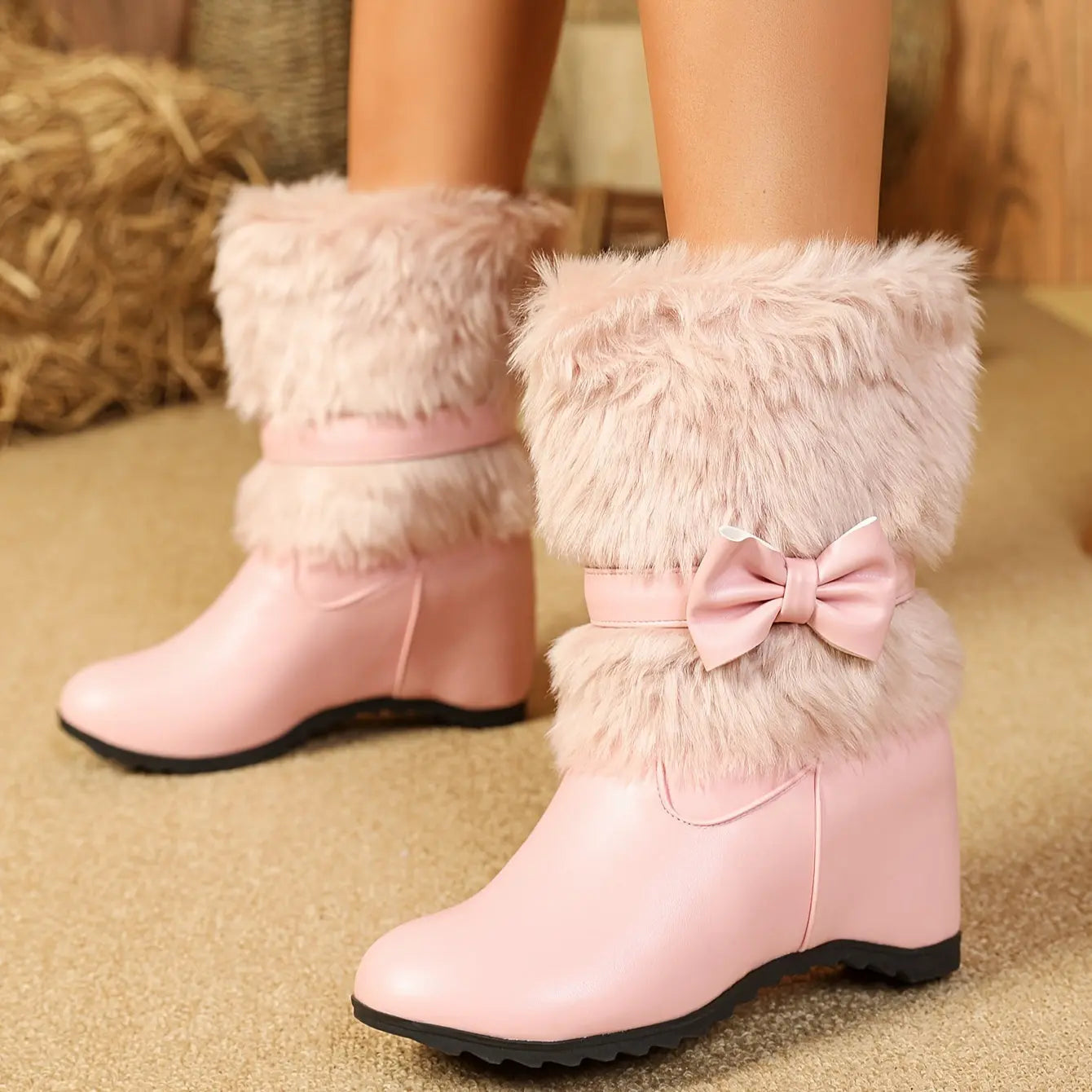 Women's Plush-Lined Winter Boots - Cozy Slip-On Mid-Calf Riding Boots with Thick Sole, Round Toe, and Bow Detail in White, Black, and Pink - Perfect for Cold Weather Comfort, Snow Boots Chic Le'Meek