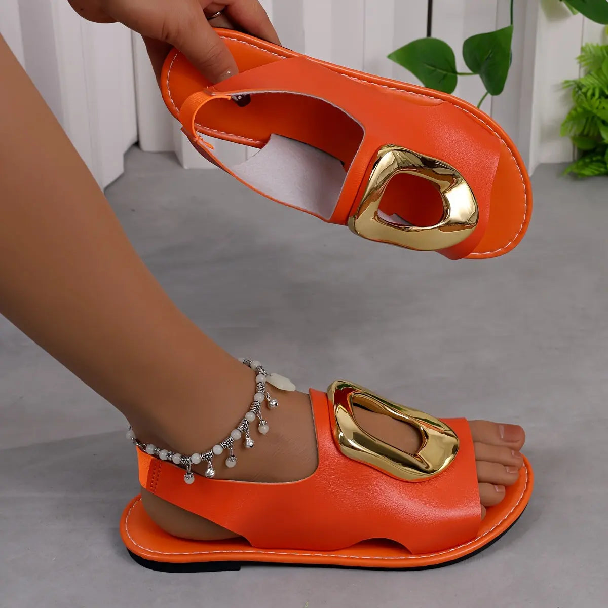Chic Summer Women's Sandals with Metallic Buckle - Open Toe, Flat Heel, Faux Cover Slip-On Shoes Temu