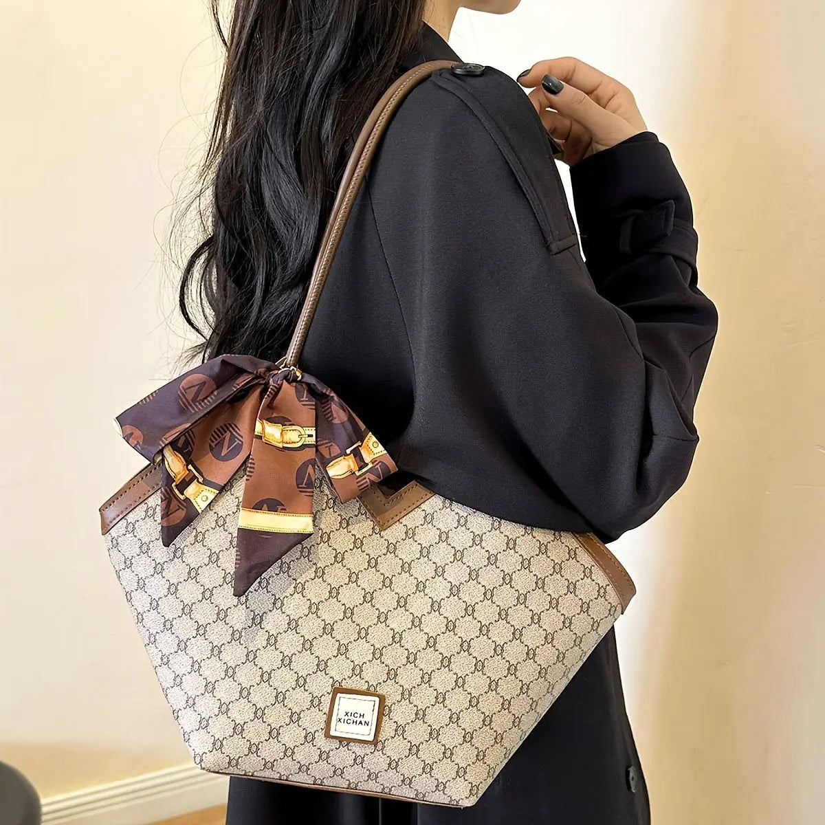 LABOONOO Women'S Vintage-Inspired Tote Bag with Scarf - Elegant, Large Capacity, Zip Closure, Grey & Beige Pattern, Perfect for Casual or Retro Outfits Chic Le'Meek
