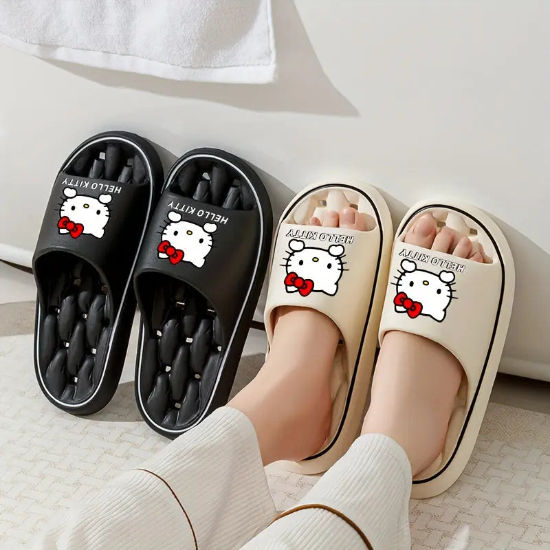 Sanrio Hello Kitty Kawaii Cartoon Slides - Unisex Breathable Soft Sole EVA Slippers, Comfortable Non-Slip Casual Shoes for Indoor & Outdoor Use, Black & Cream Design with Red Bows, Cute Slippers Chic Le'Meek