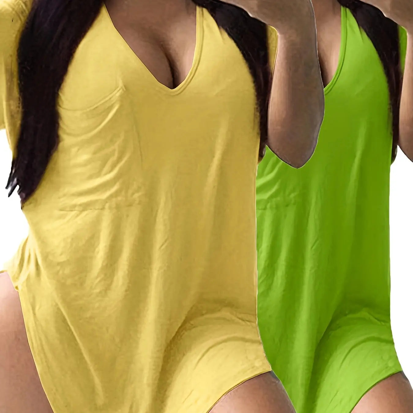 Large Size V-Neck Pocket Irregular Hem Short-Sleeved Top T-Shirt Two-Piece Set Chic Le'Meek