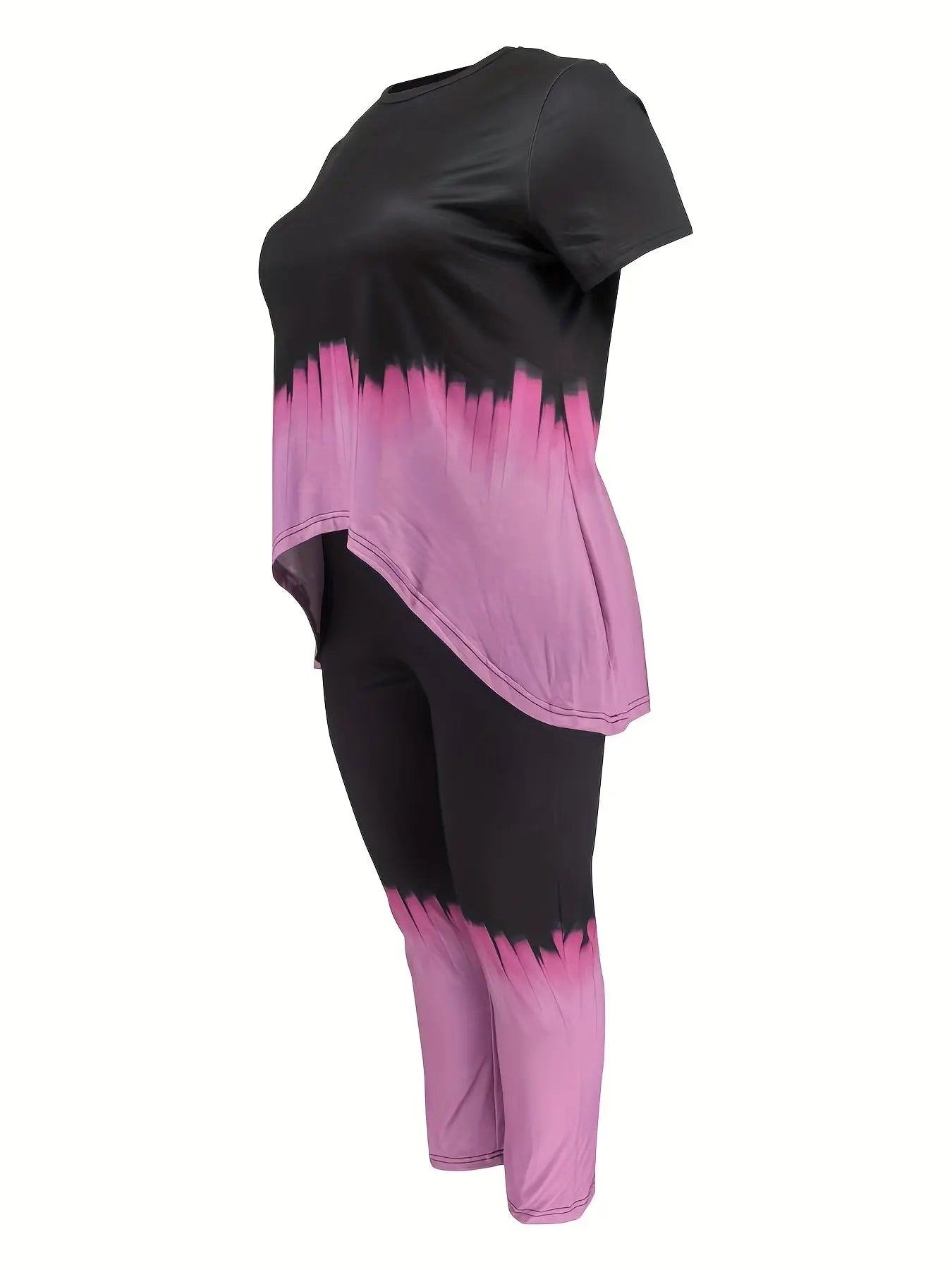 Plus Size Polyester Knit Tie-Dye Clothing Set - Short Sleeve Top And Long Pants - Machine Washable, Simple Style Chic Le'Meek