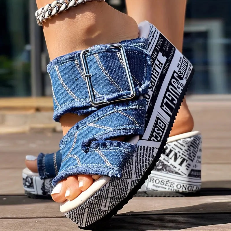 Newspaper Buckle Denim Wedge Slippers - Without Anklet Chic Le'Meek