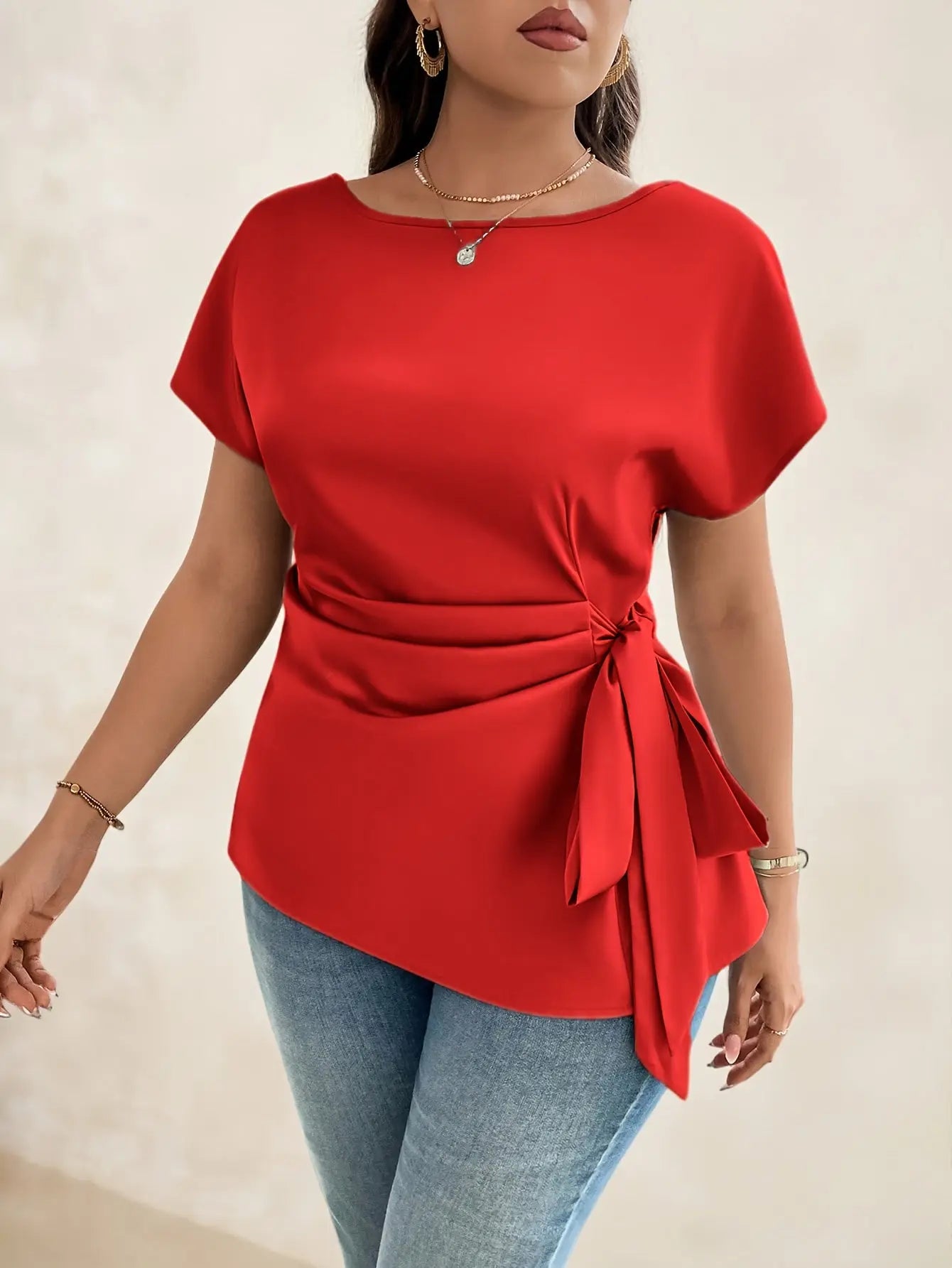 Plus Size - Women's Elegant Satin Blouse with Bow Detail - Short Sleeve AliExpress
