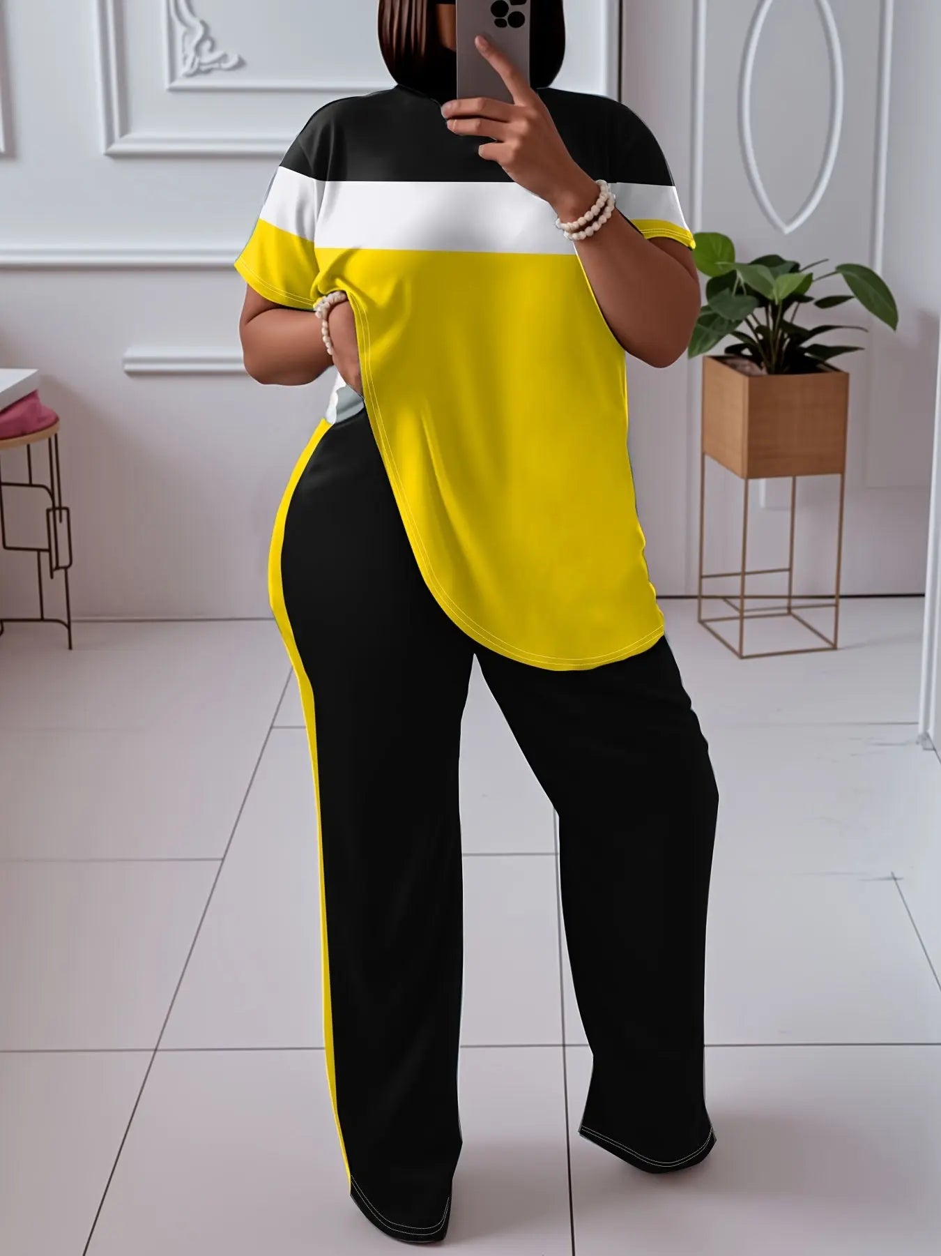 Women'S Plus Size Casual Color Block 2pcs Set - Elegant Crew Neck Short Sleeve Top & Straight Leg Pants, 95% Polyester 5% Elastane, Medium Stretch Knit Fabric, Machine Washable Chic Le'Meek