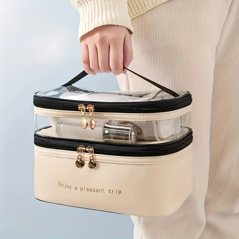 Large Capacity Double Layered Waterproof Transparent Makeup Bag - Portable, Travel-Friendly, Fashionable Cosmetic Storage with Polyester Material and Water Resistance Temu