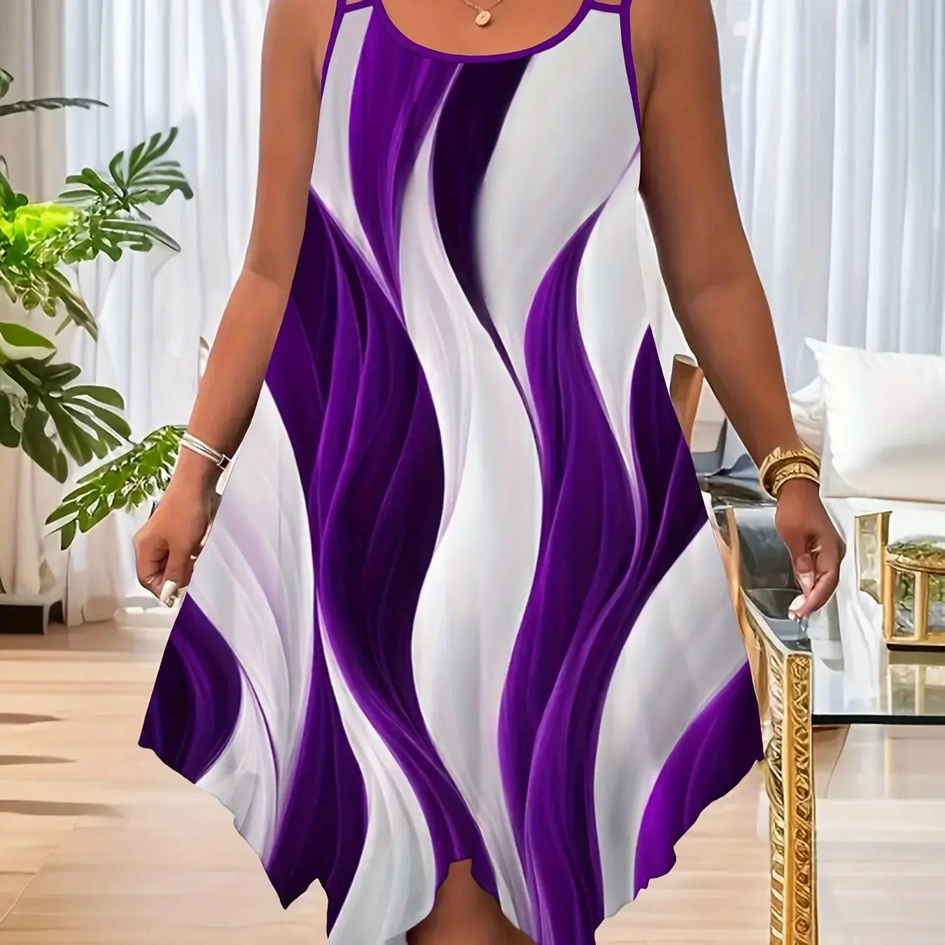 1pc Women'S Summer Casual Asymmetrical Hem Dress, Polyester 95% Spandex 5% Fabric, Crew Neck Slingback with Random Print Design Chic Le'Meek