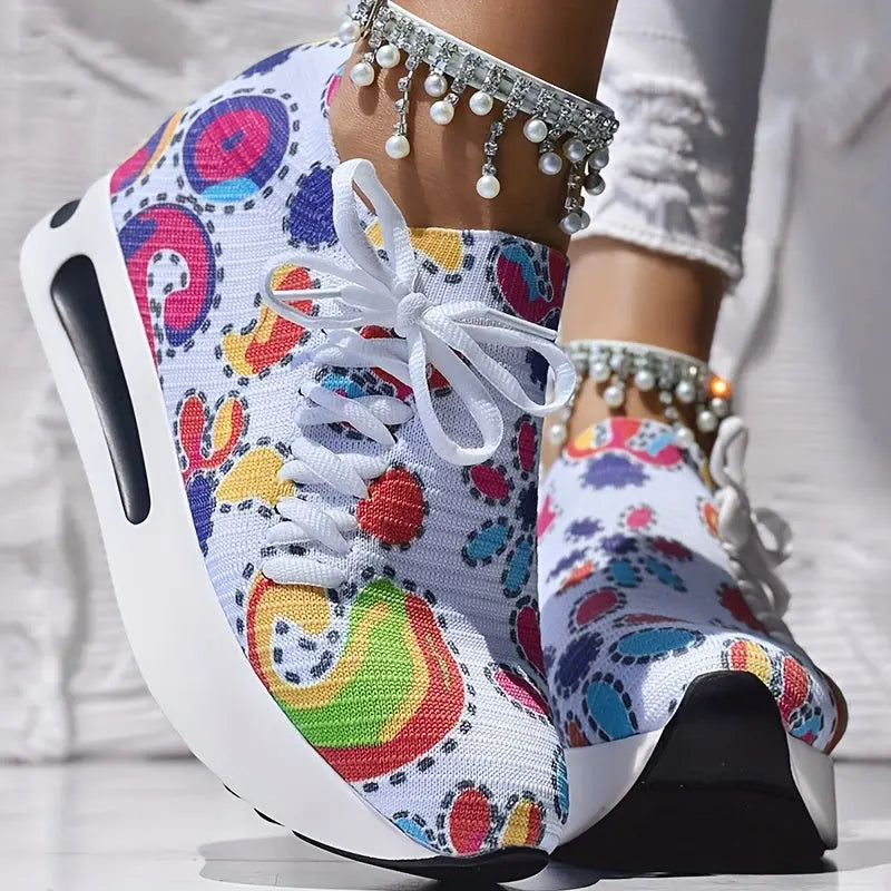 Abstract Print Side Lace-up Casual Wedge Sneakers - Without Anklet Chic Le'Meek
