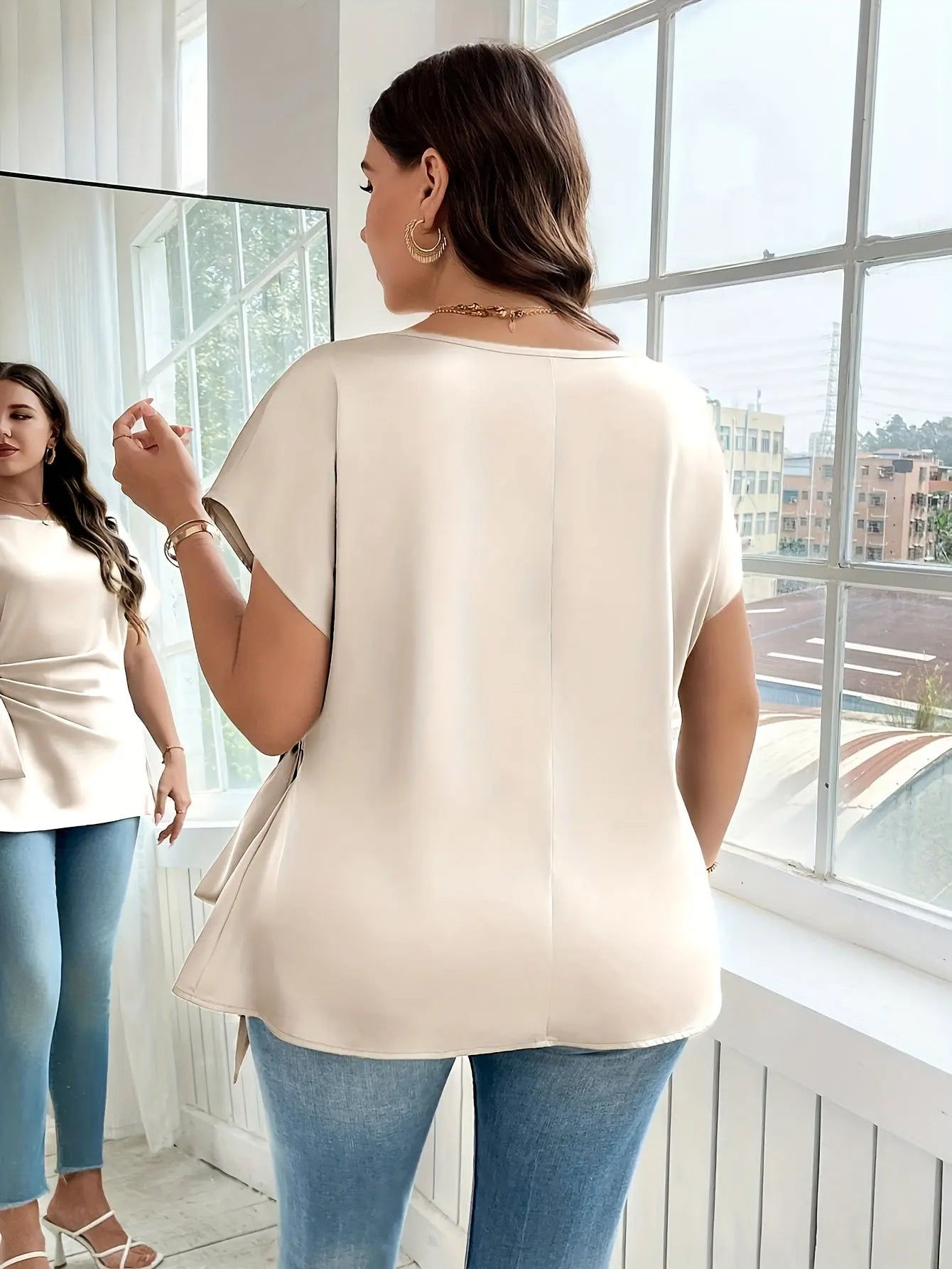 Plus Size - Women's Elegant Satin Blouse with Bow Detail - Short Sleeve AliExpress