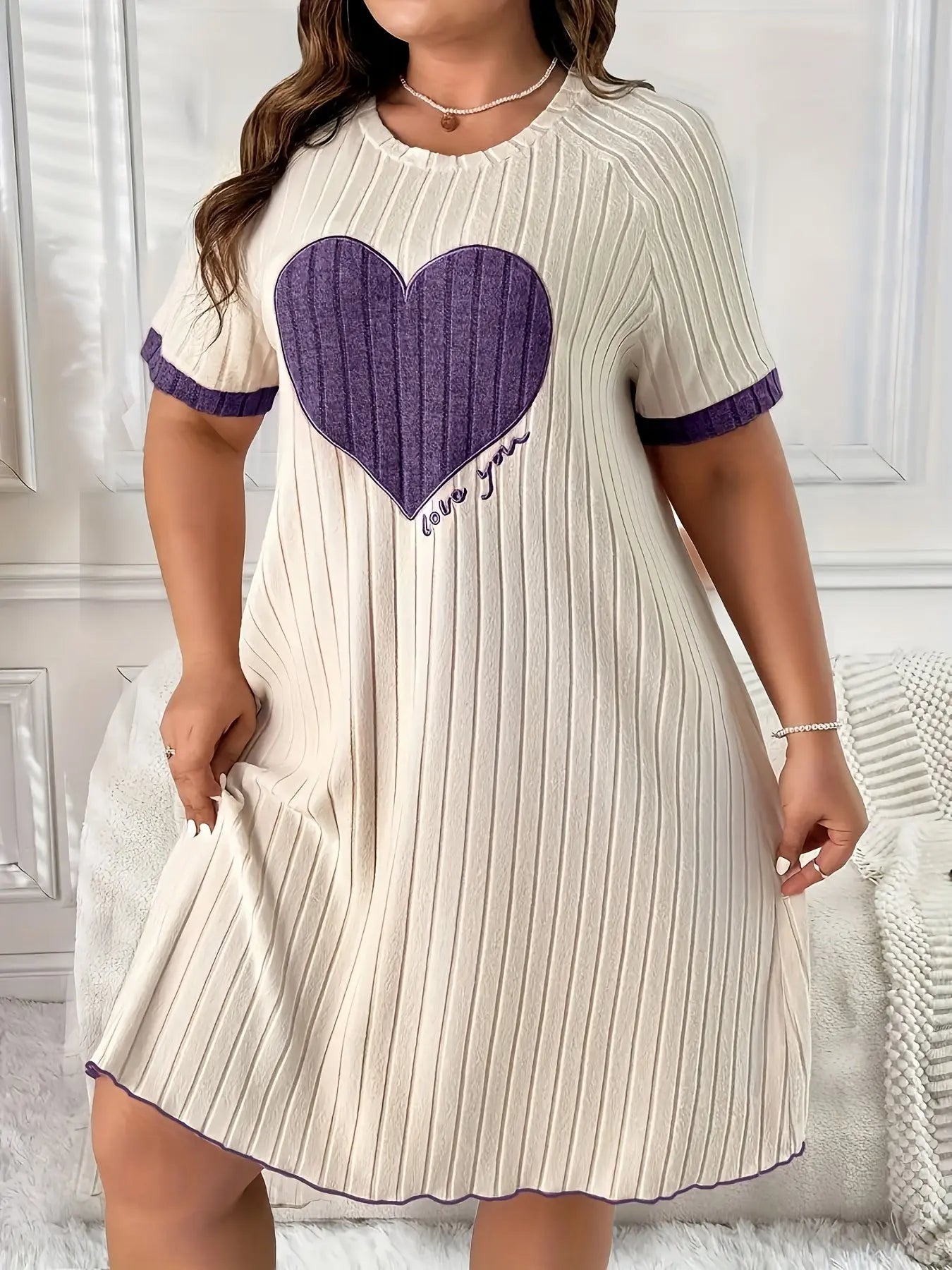 Plus Size Short-Sleeve Dress with Heart Embroidery Two-Piece Set Temu