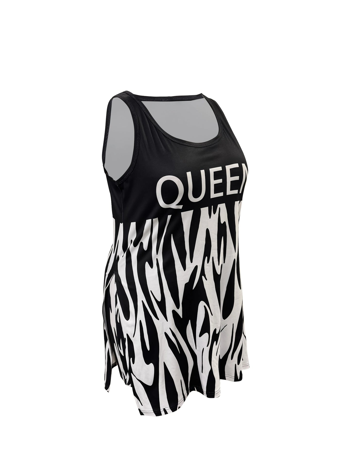 Two Piece Set of Plus Size Fashionable Vest And Shorts, with a Slit at The Hem And Queen Letter Print Chic Le'Meek