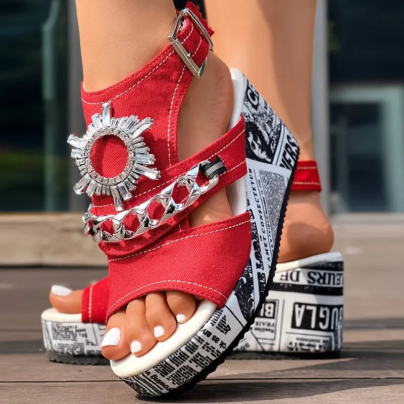 Newspaper Buckle Denim Wedge Slippers - Without Anklet Chic Le'Meek
