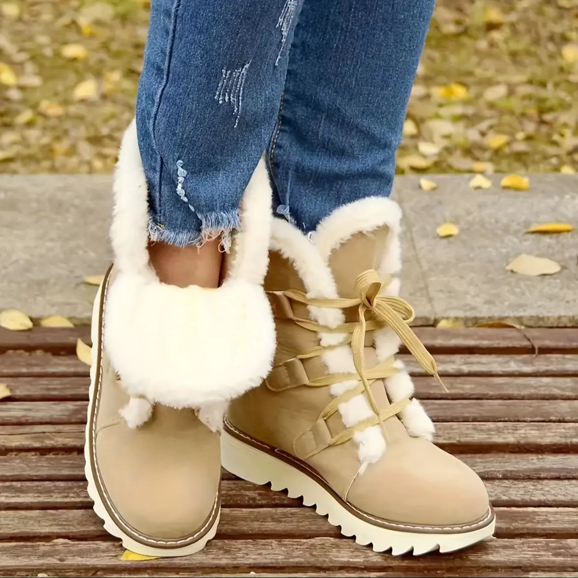 Women's Faux Fur Lined Snow Boots, Slip-Resistant Platform Soft Sole Warm Snow Boots, Comfort Mid-calf Non-slip Snow Boots Chic Le'Meek
