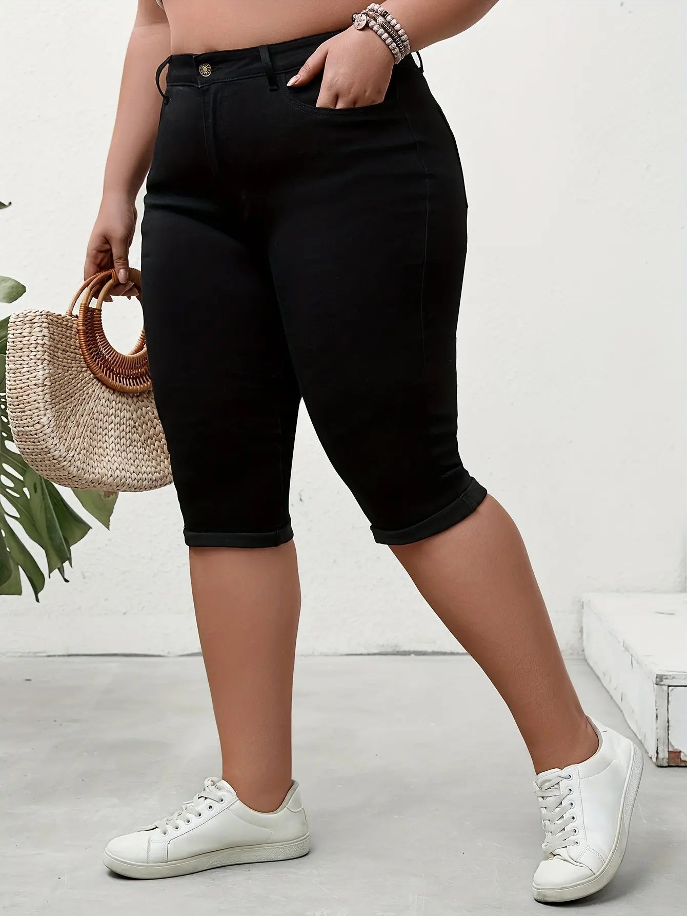 Plus Size Stretch Denim Pedal Pushers - Comfort Fit, High-Waist, Zip & Button Closure - Fashionable Everyday Wear Temu