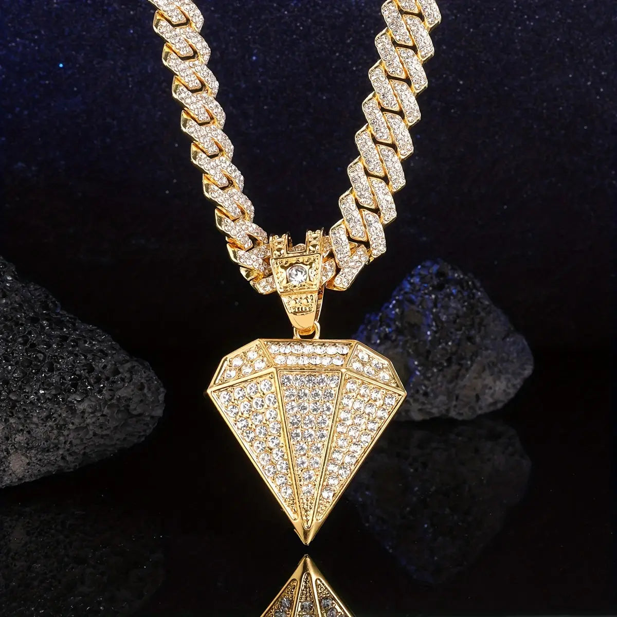 1 Pc Mens Hip Hop Punk Golden Large Rhinestone Pendant Necklace, Fashion Miami Cuban Chain Temu