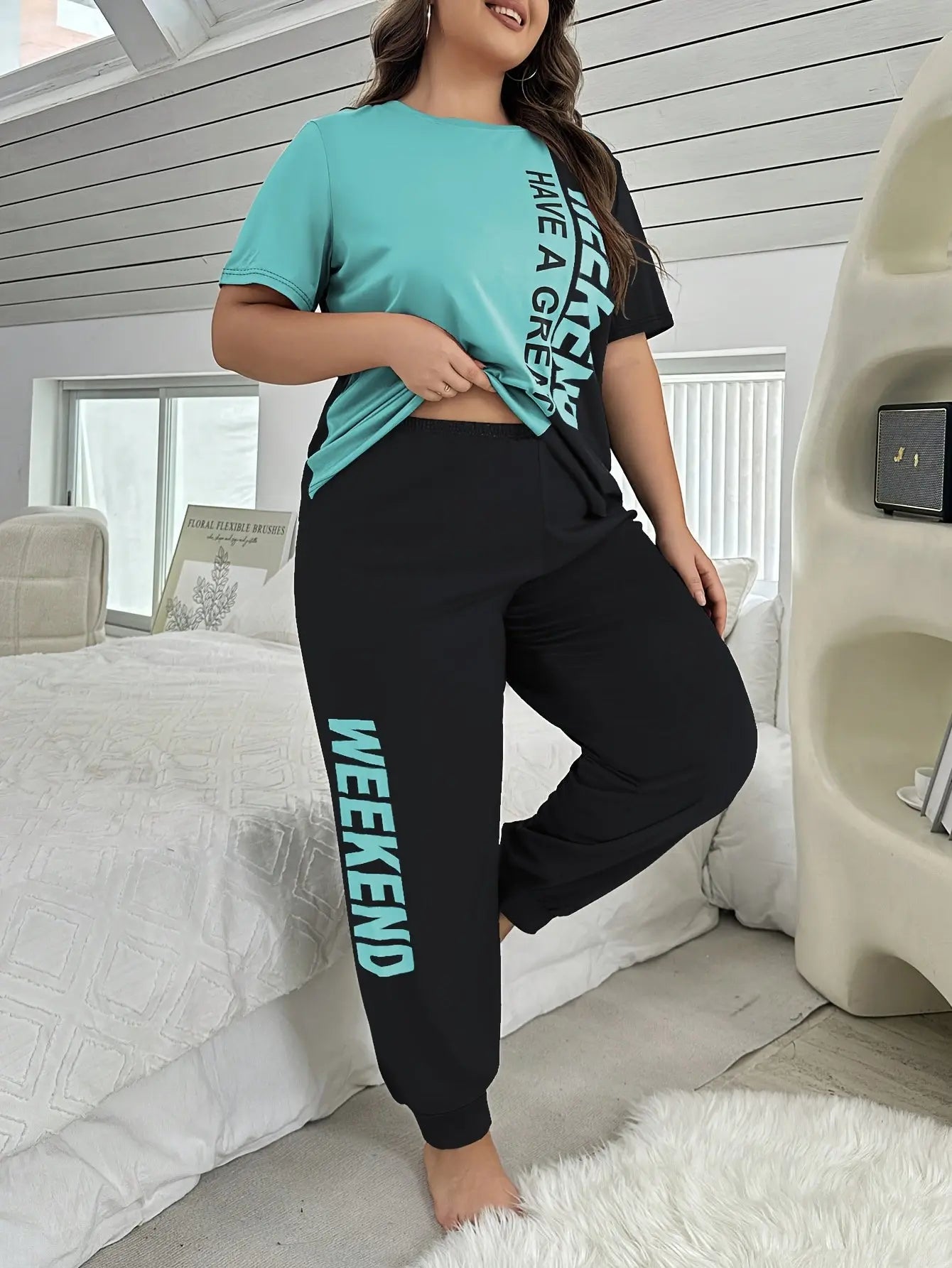 Plus Size "Have a Great Weekend" Print Short Sleeve Pajama Set - Casual, All-Season Polyester Pajamas with Relaxed Fit, Ideal for Adults, Relaxed Fit Pajamas | Playful Print Design | Polyester Fabric Chic Le'Meek