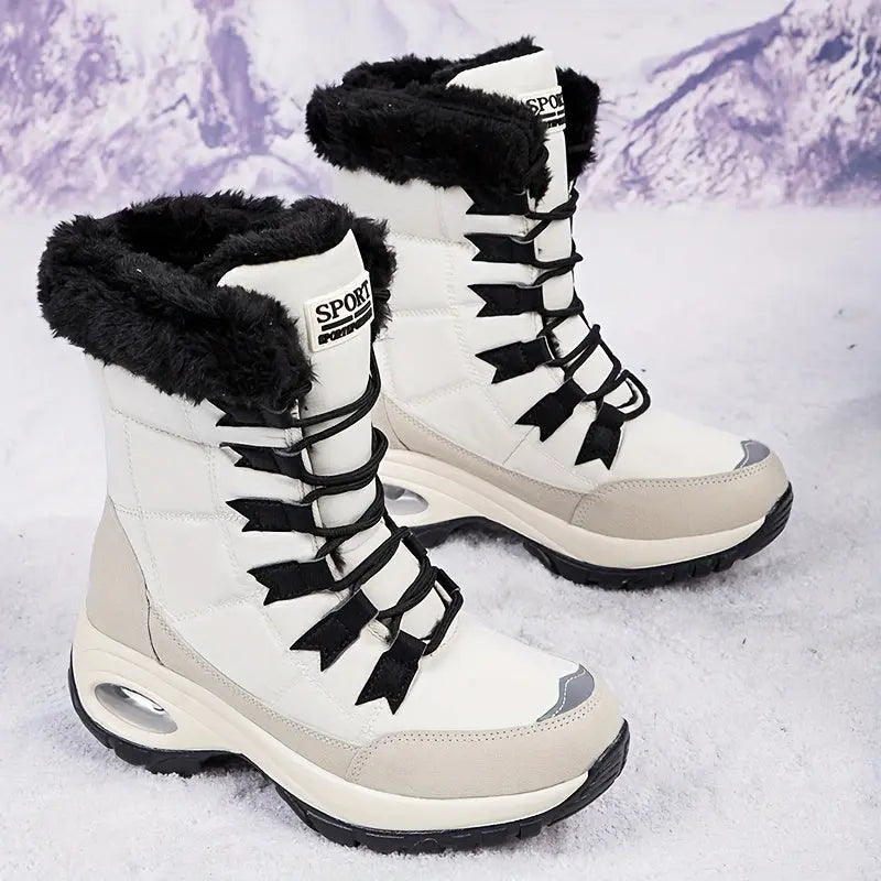 Warmth & Comfort Guaranteed: Womens Thickened Air Cushion Snow Boots - Flannel Lined, Non-Slip, Round Toe, PU Sole, Non-Woven Upper - Perfect for Hiking and Winter Activities Chic Le'Meek