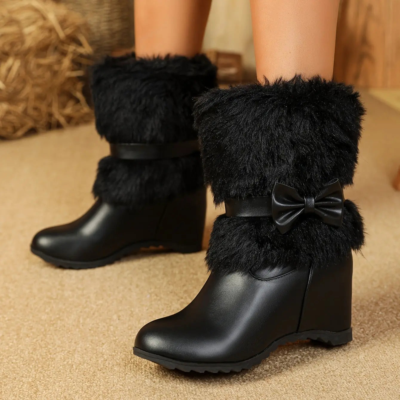 Women's Plush-Lined Winter Boots - Cozy Slip-On Mid-Calf Riding Boots with Thick Sole, Round Toe, and Bow Detail in White, Black, and Pink - Perfect for Cold Weather Comfort, Snow Boots Chic Le'Meek