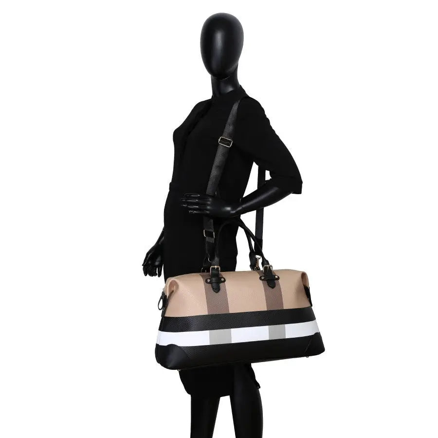 PU leather large overnight travel bag striped pattern handbag carry-on luggage bag suitable for vacation, overnight, camping, hiking, sports and fitness Chic Le'Meek