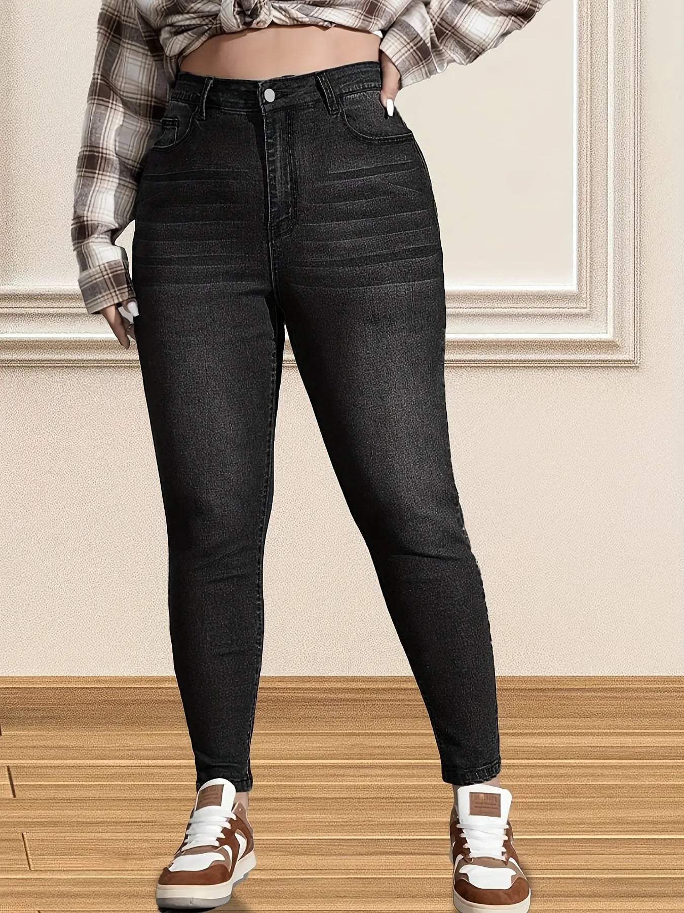 Plus Size Casual Jeans, Women's Plus Washed Button Fly High Rise High Stretch Skinny Jeans Temu