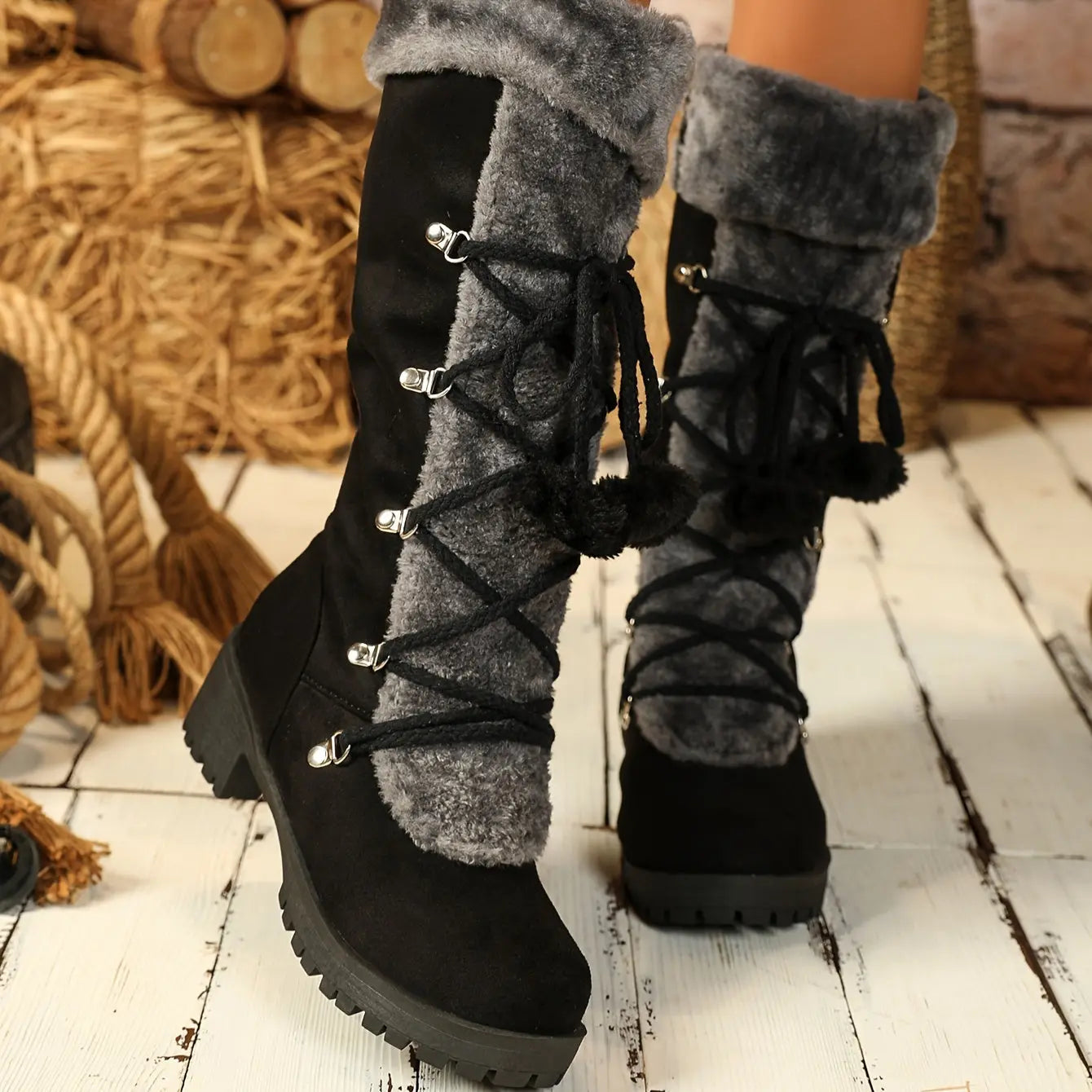 Warm Mid-Calf Winter Snow Boots - Elegant Women's Fur-Lined Knight Boots with Chunky Heel, Pom-Pom Accents & Side Zipper - Cozy Thermal Insulated Riding Boots for Cold Weather Chic Le'Meek
