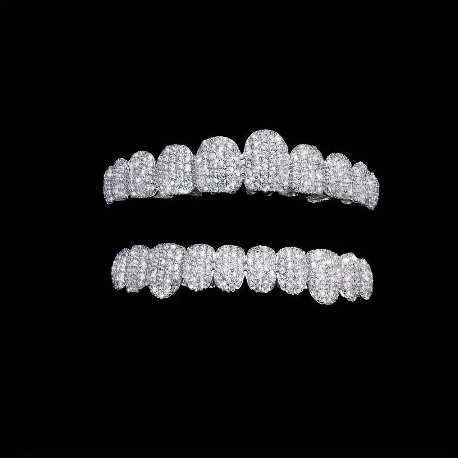 2pcs/set Synthetic Zircon Grillz Set, Unisex, Fashionable Hip Hop Mouth Teeth Grills, One Size Fits All, Removable Tooth Caps, For Rappers And Parties, With Mold Kit Temu