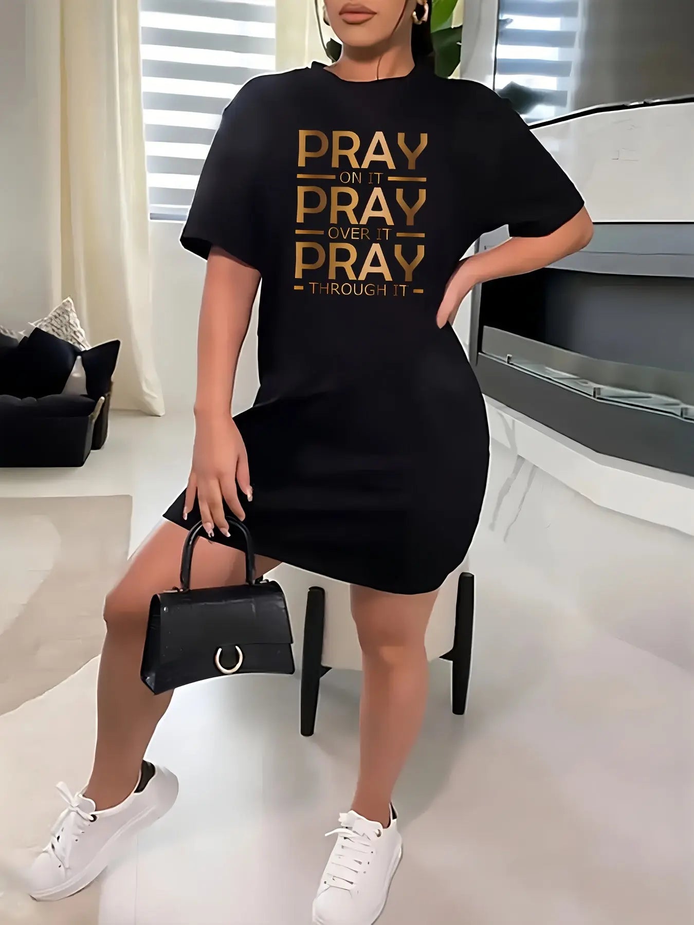Chic Plus Size Women's "Pray On It Pray Over It Pray Through It" Golden Letter Print T-Shirt Dress - Stretchy Polyester Blend Crew Neck, Machine Washable, All-Season Casual & Office Wear, Ladies T-shirts, Bold Graphic Tee, No Chic Le'Meek