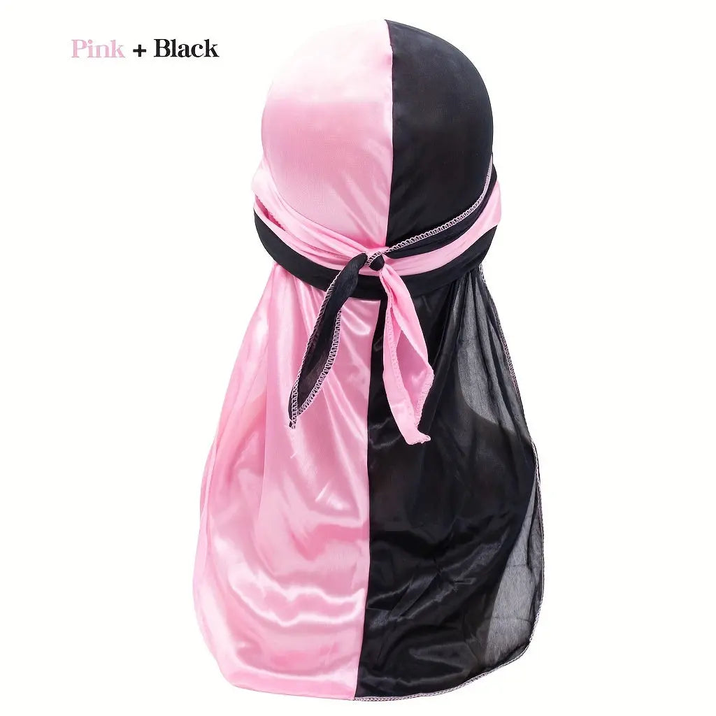 Silky Durag - Assorted Colors Satin Pirate Cap with Long Tail, Wide Straps, Elastic Breathable Head Wrap Chic Le'Meek