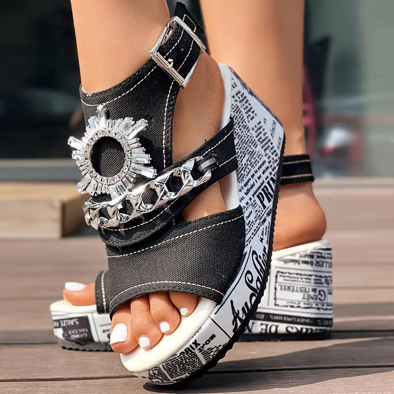 Newspaper Buckle Denim Wedge Slippers - Without Anklet Chic Le'Meek