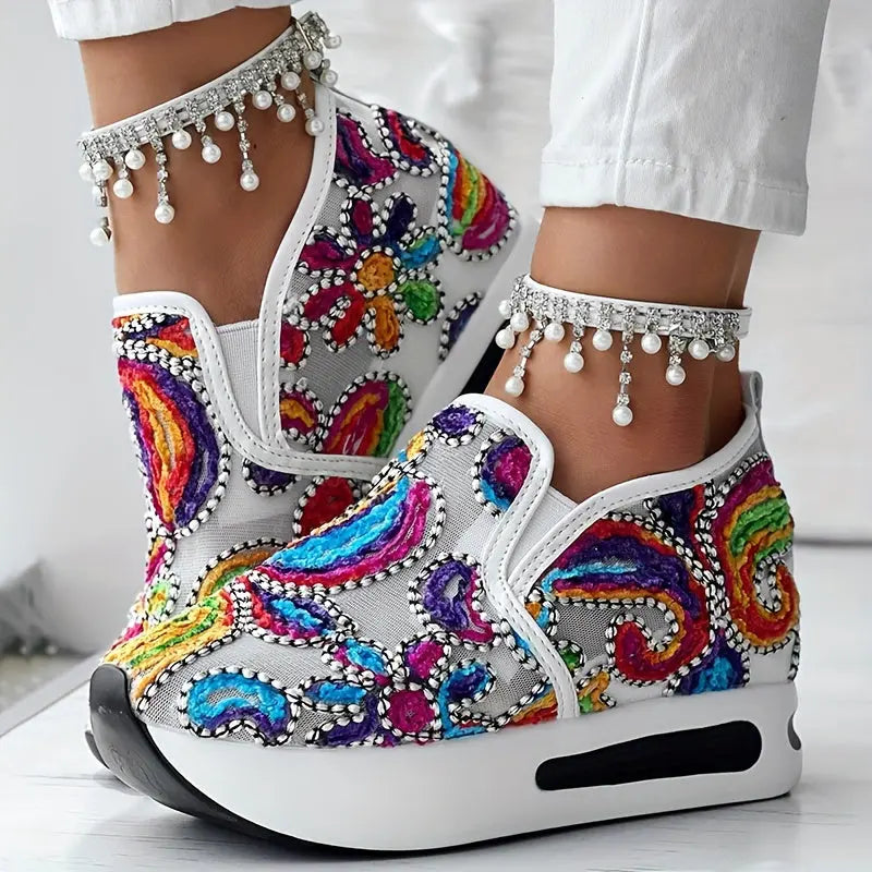 Abstract Print Side Lace-up Casual Wedge Sneakers - Without Anklet Chic Le'Meek