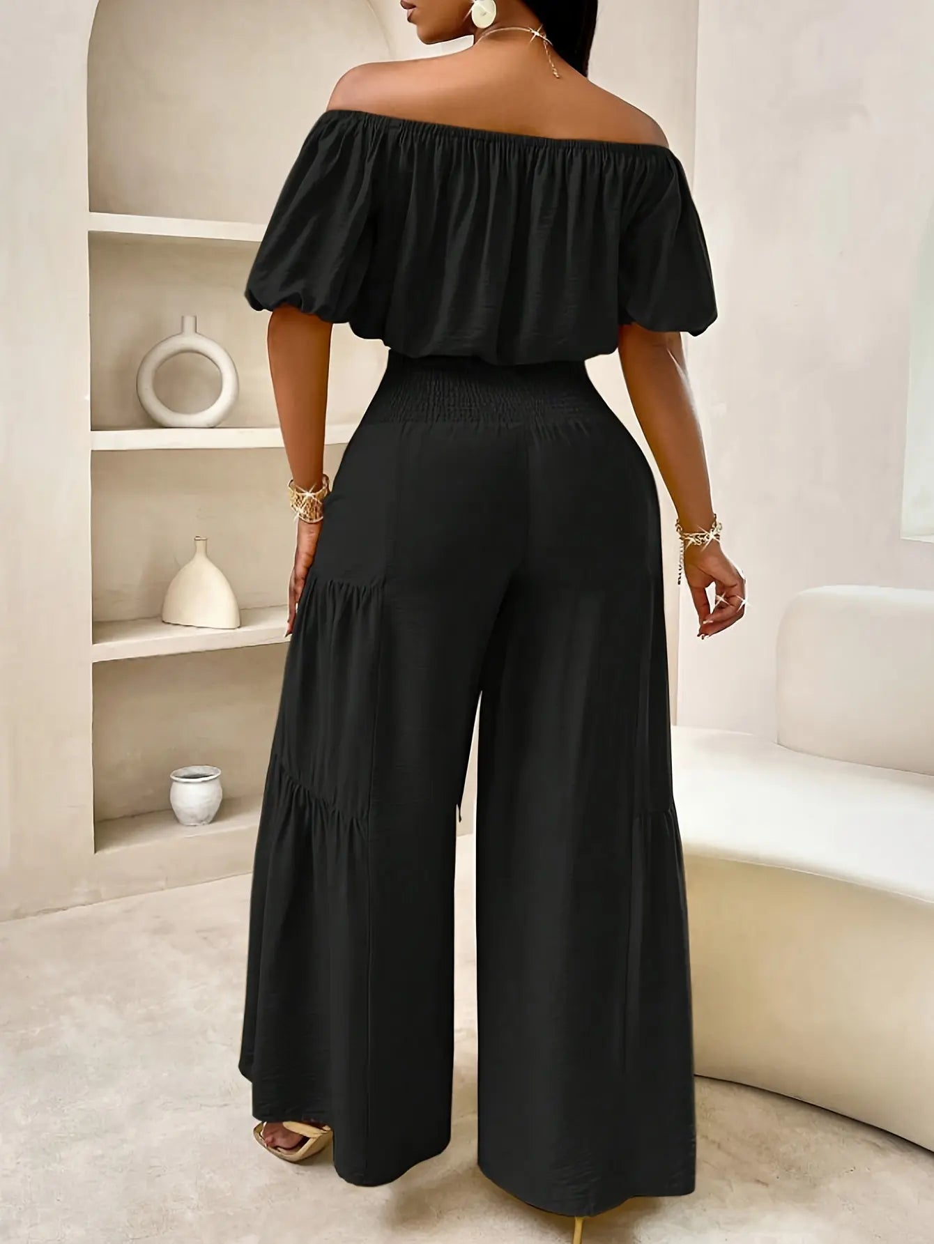 Women'S Summer Plus Size Beach Vacation Style One Shoulder Puff Sleeve Ruffle Off Shoulder Cropped Top And Wide Leg Pants Set Chic Le'Meek