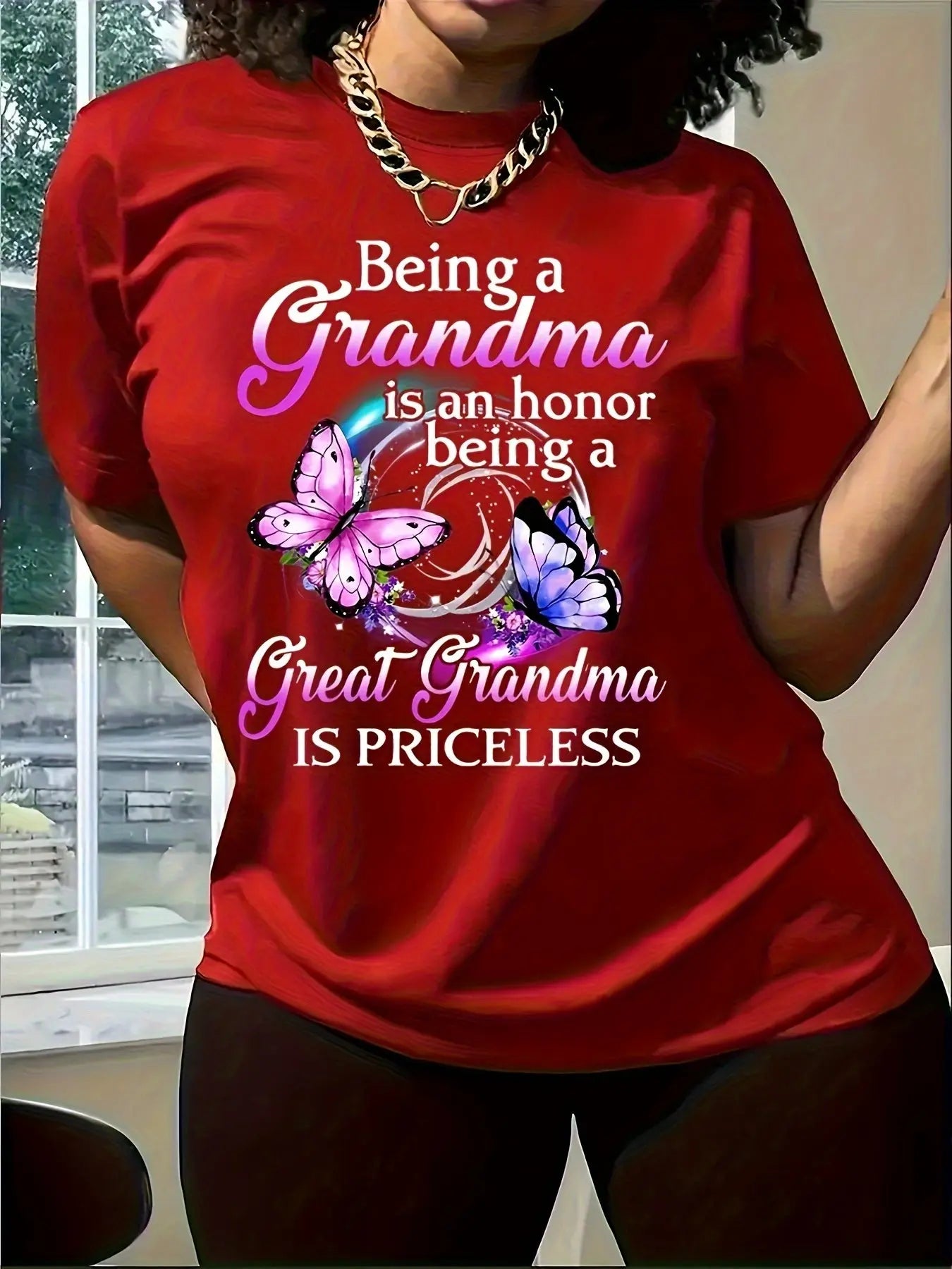 Women's Purple Butterfly & Floral T-Shirt - "When Grandma is Priceless" Heartfelt Quote, Glossy Fabric Casual Short Sleeve Round Neck Top for Spring Summer, Machine Washable Gift for Grandma, Grandma Mothers Day Gift Chic Le'Meek