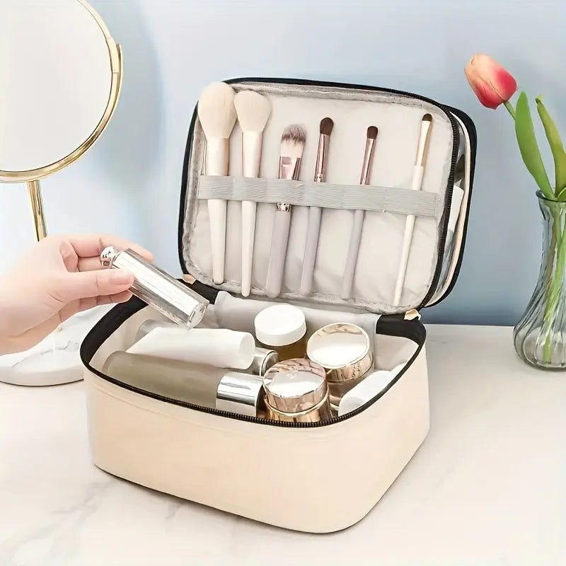 Large Capacity Double Layered Waterproof Transparent Makeup Bag - Portable, Travel-Friendly, Fashionable Cosmetic Storage with Polyester Material and Water Resistance Temu