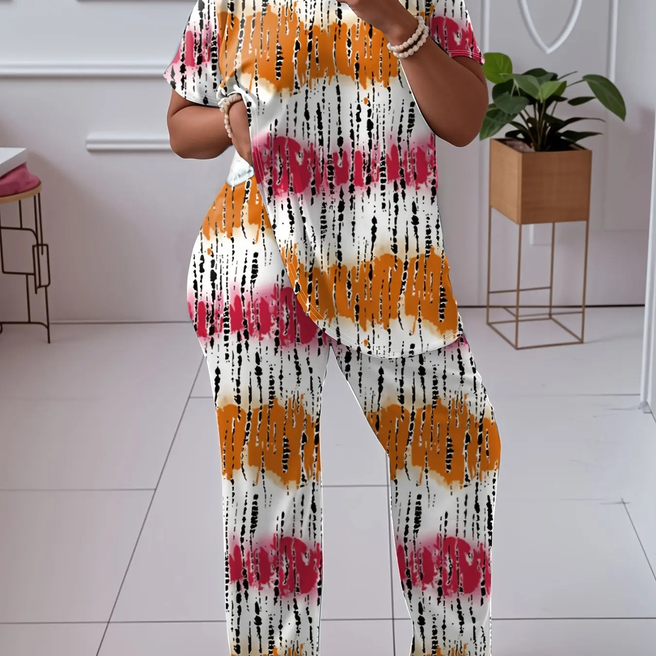 Women'S Plus Size Casual Colorblock Tie Dye 2pcs Set - Elegant Crew Neck Long Sleeve Top And Straight Leg Pants, 95% Polyester 5% Spandex, Medium Stretch Fabric, Machine Washable Chic Le'Meek