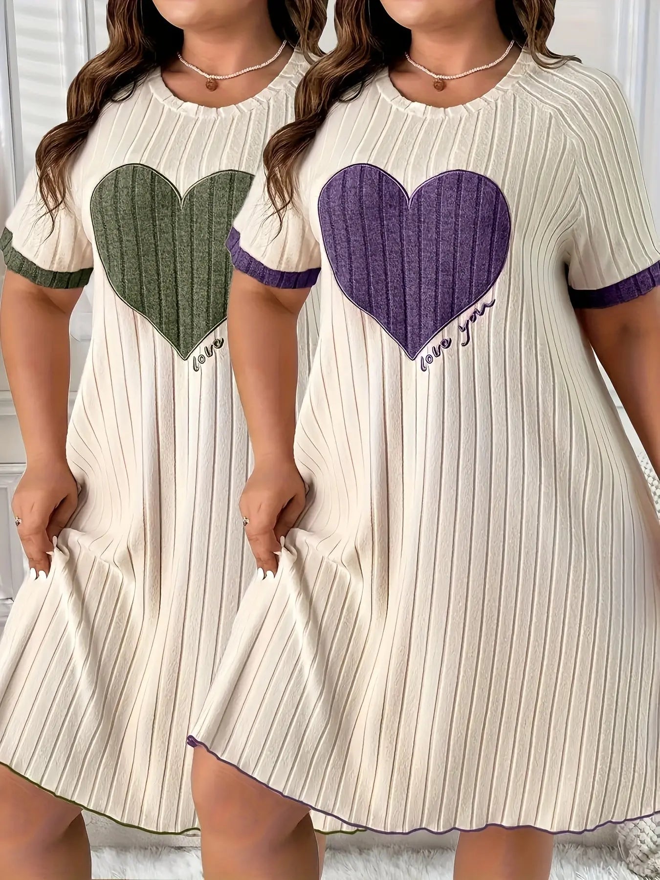 Plus Size Short-Sleeve Dress with Heart Embroidery Two-Piece Set Temu