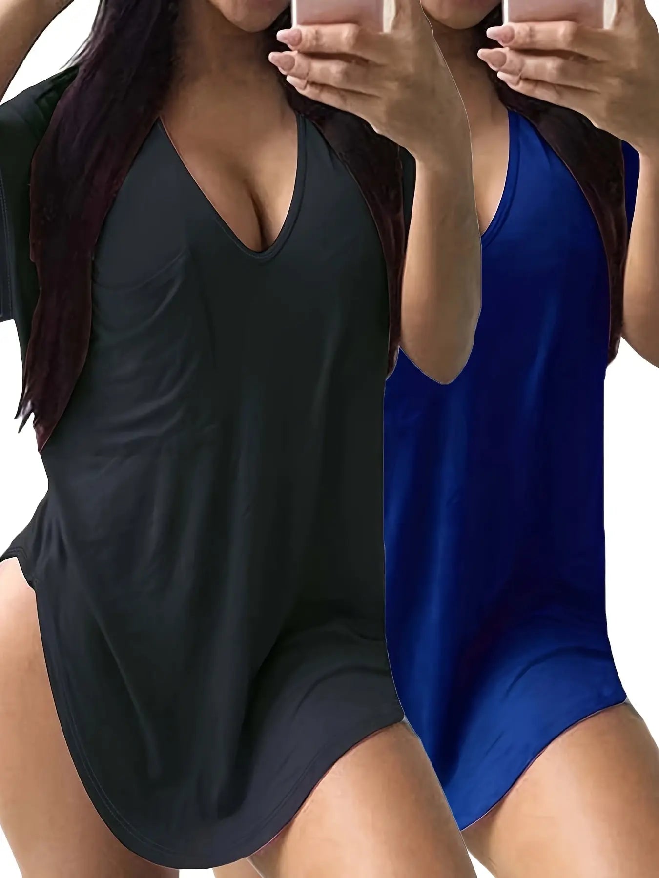 Large Size V-Neck Pocket Irregular Hem Short-Sleeved Top T-Shirt Two-Piece Set Chic Le'Meek