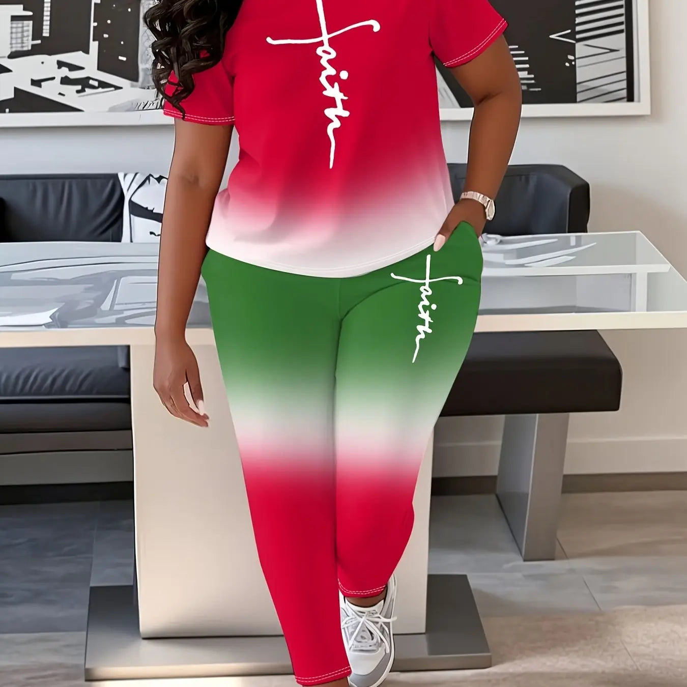 Ladies' Daily Casual Gradient Suit, Faith Letter Printing, Plus-size Tight Pants With Pockets Chic Le'Meek