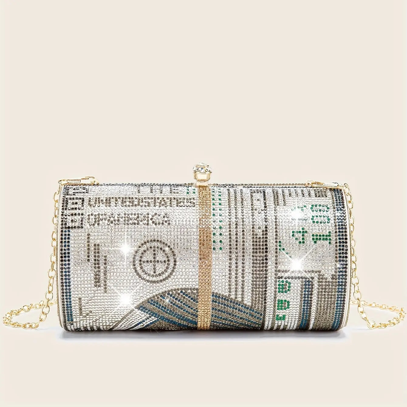 Sparkling Dollar Pattern Clutch Bag - Glamorous Cylinder Rhinestone Glitter Kiss Lock with Adjustable Metal Chain Temu
