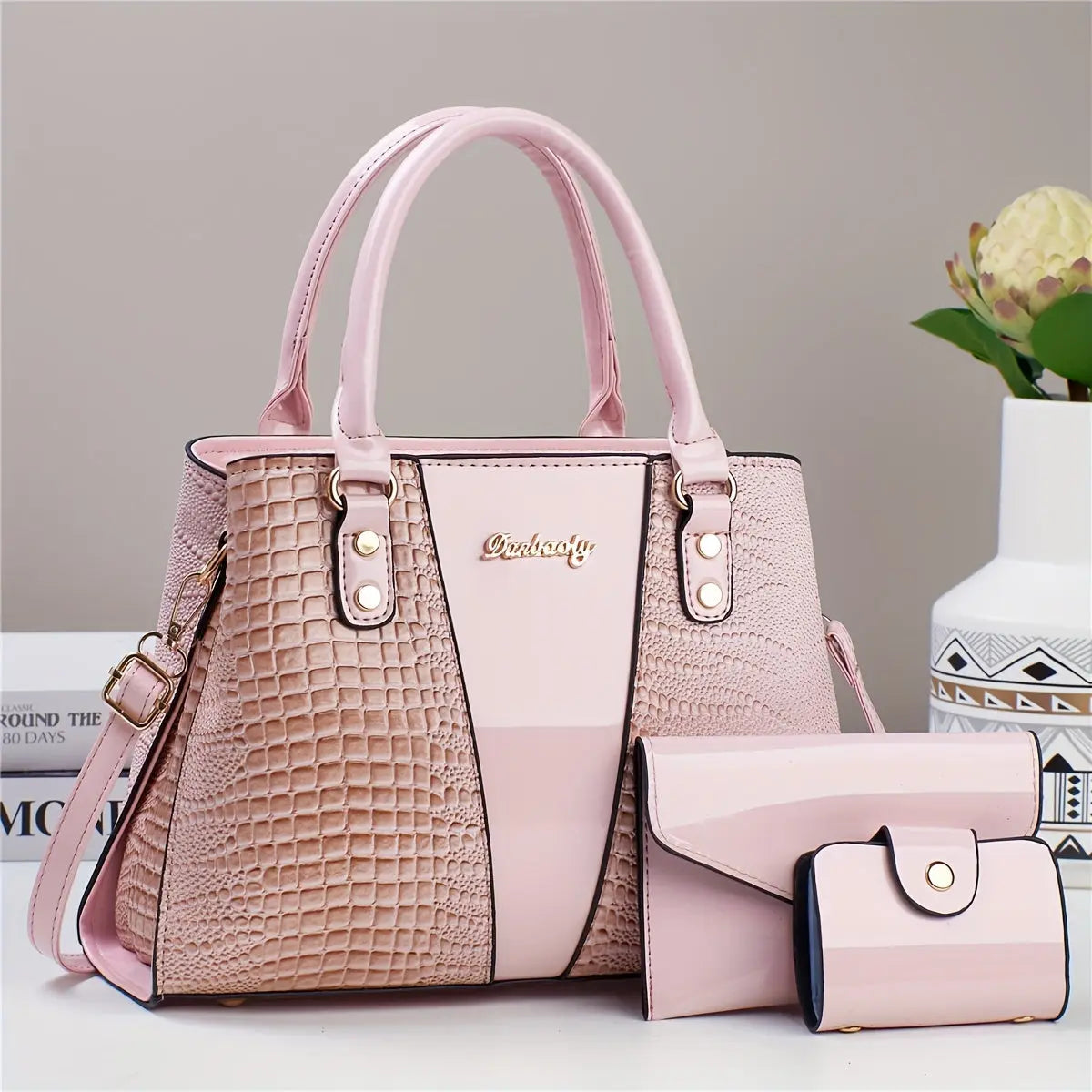 3pcs Elegant PU Handbag Set, Crocodile Pattern Large Capacity Crossbody Bag with Coin Purse and Card Holder, Lightweight Shoulder Bag with Sequins and Zipper Closure Chic Le'Meek