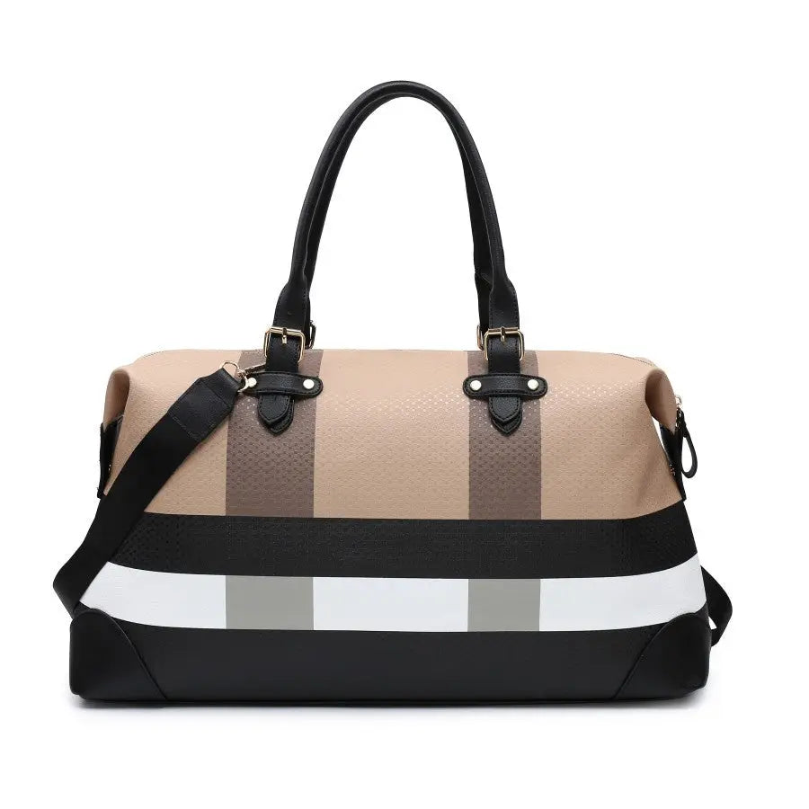 PU leather large overnight travel bag striped pattern handbag carry-on luggage bag suitable for vacation, overnight, camping, hiking, sports and fitness Chic Le'Meek