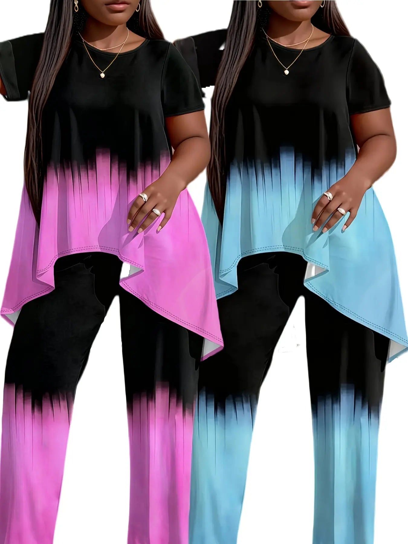 Plus Size Polyester Knit Tie-Dye Clothing Set - Short Sleeve Top And Long Pants - Machine Washable, Simple Style Chic Le'Meek