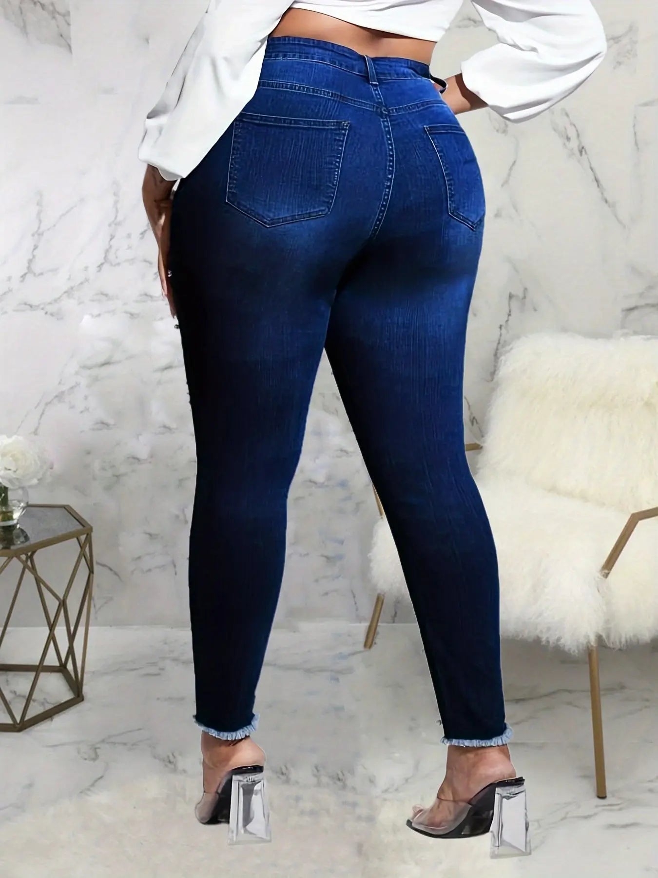 Plus Size Casual Jeans, Women's Plus Faux Pearl Decor Washed Ripped Button Fly Fringe Trim High Rise High Stretch Skinny Jeans For Fall Temu