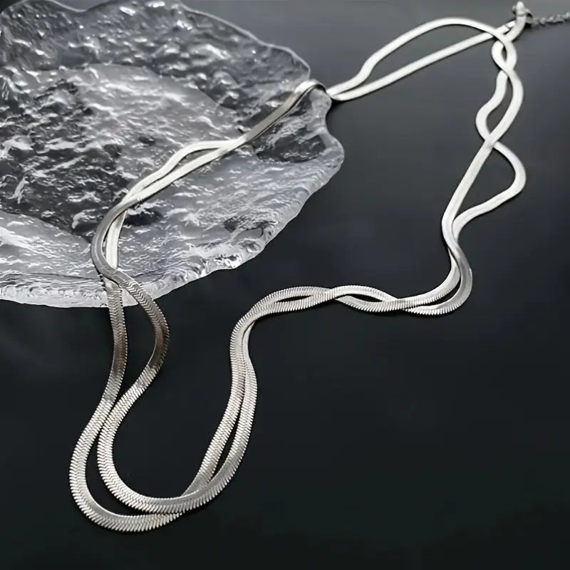 1pc Elegant Minimalist Multi-Layer Flat Snake Chain Necklace for Women - Golden-Tone Alloy Versatile Daily Wear & Holiday Gift Jewelry, Snake Jewelry Chic Le'Meek