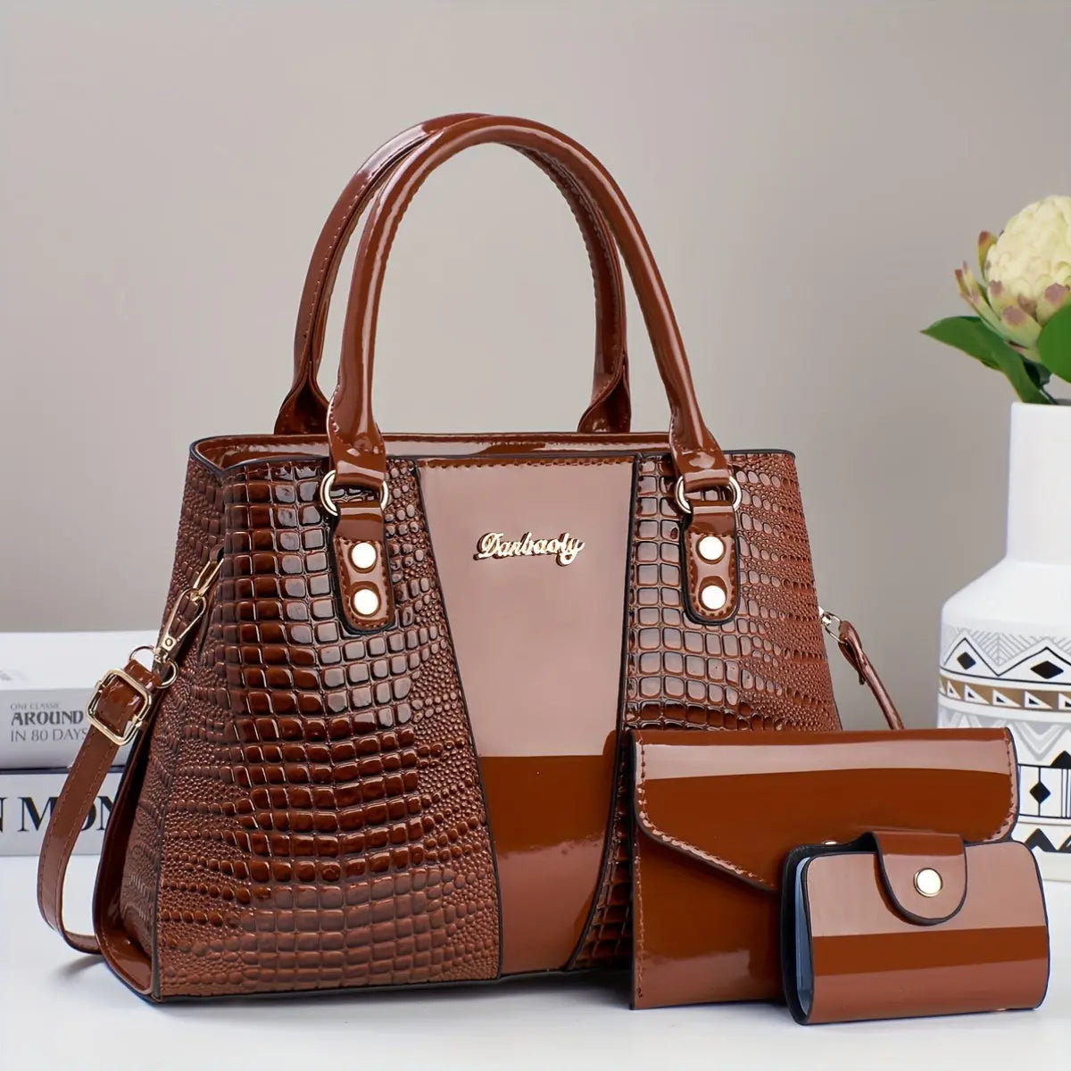3pcs Elegant PU Handbag Set, Crocodile Pattern Large Capacity Crossbody Bag with Coin Purse and Card Holder, Lightweight Shoulder Bag with Sequins and Zipper Closure Chic Le'Meek