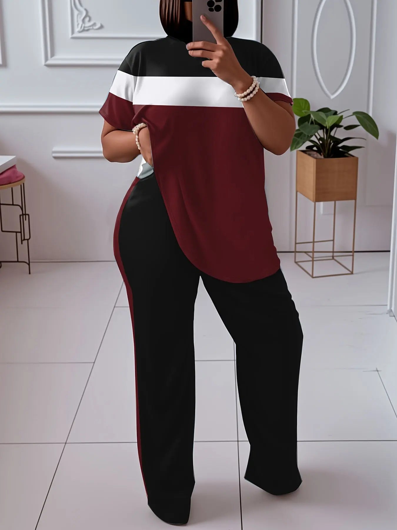 Women'S Plus Size Casual Color Block 2pcs Set - Elegant Crew Neck Short Sleeve Top & Straight Leg Pants, 95% Polyester 5% Elastane, Medium Stretch Knit Fabric, Machine Washable Chic Le'Meek