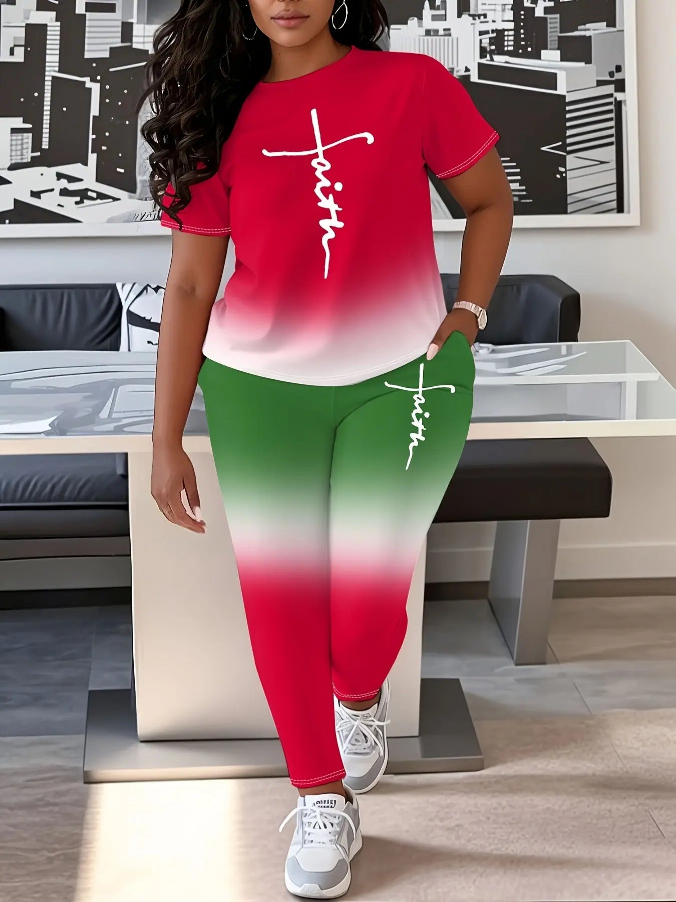 Ladies' Daily Casual Gradient Suit, Faith Letter Printing, Plus-size Tight Pants With Pockets Chic Le'Meek