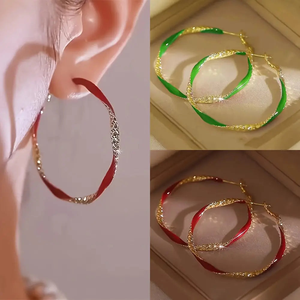 2 Pairs of Red and Green Earrings, Fashionable European and American Niche Temperament, Commuting High-end Retro Drip Oil Simple Geometric Earrings, Valentine's Day Birthday Gift, Women's Jewelry Clearance Chic Le'Meek
