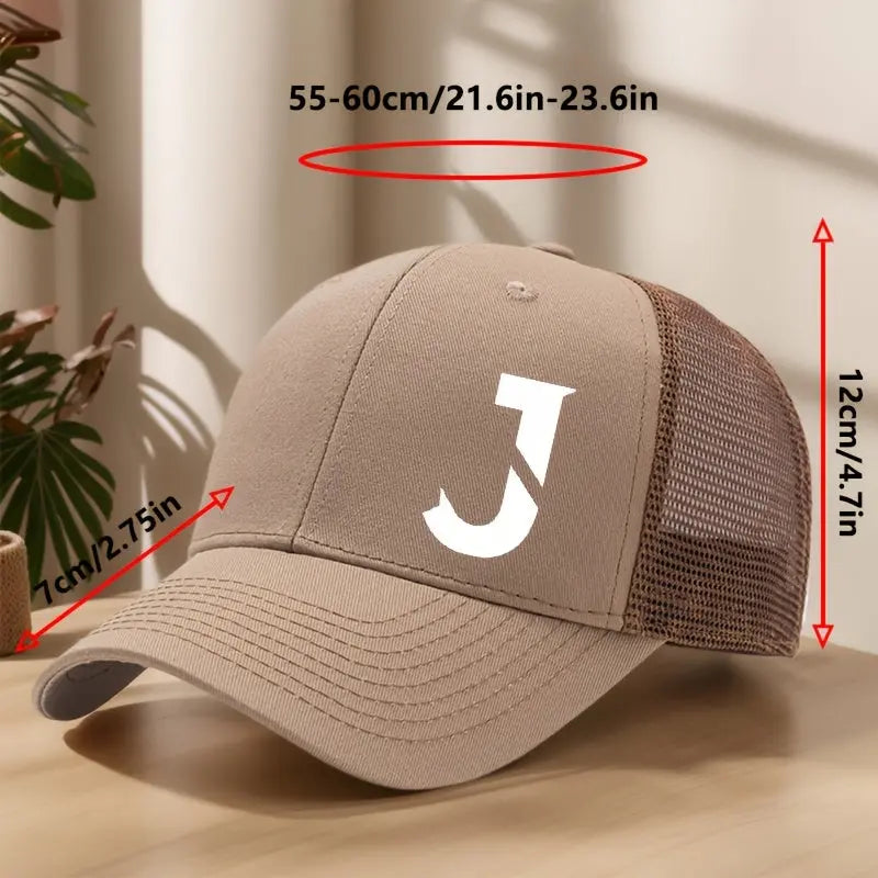Creative Alphabet J Printed Baseball Cap - Spring/Summer Mesh Breathable Adjustable Bill Cap for Outdoor Leisure, Sports, Hiking, Fishing, and Sun Protection - Polyester Material, Non-Stretch Fabric, Lightweight, Hand Wash or Chic Le'Meek