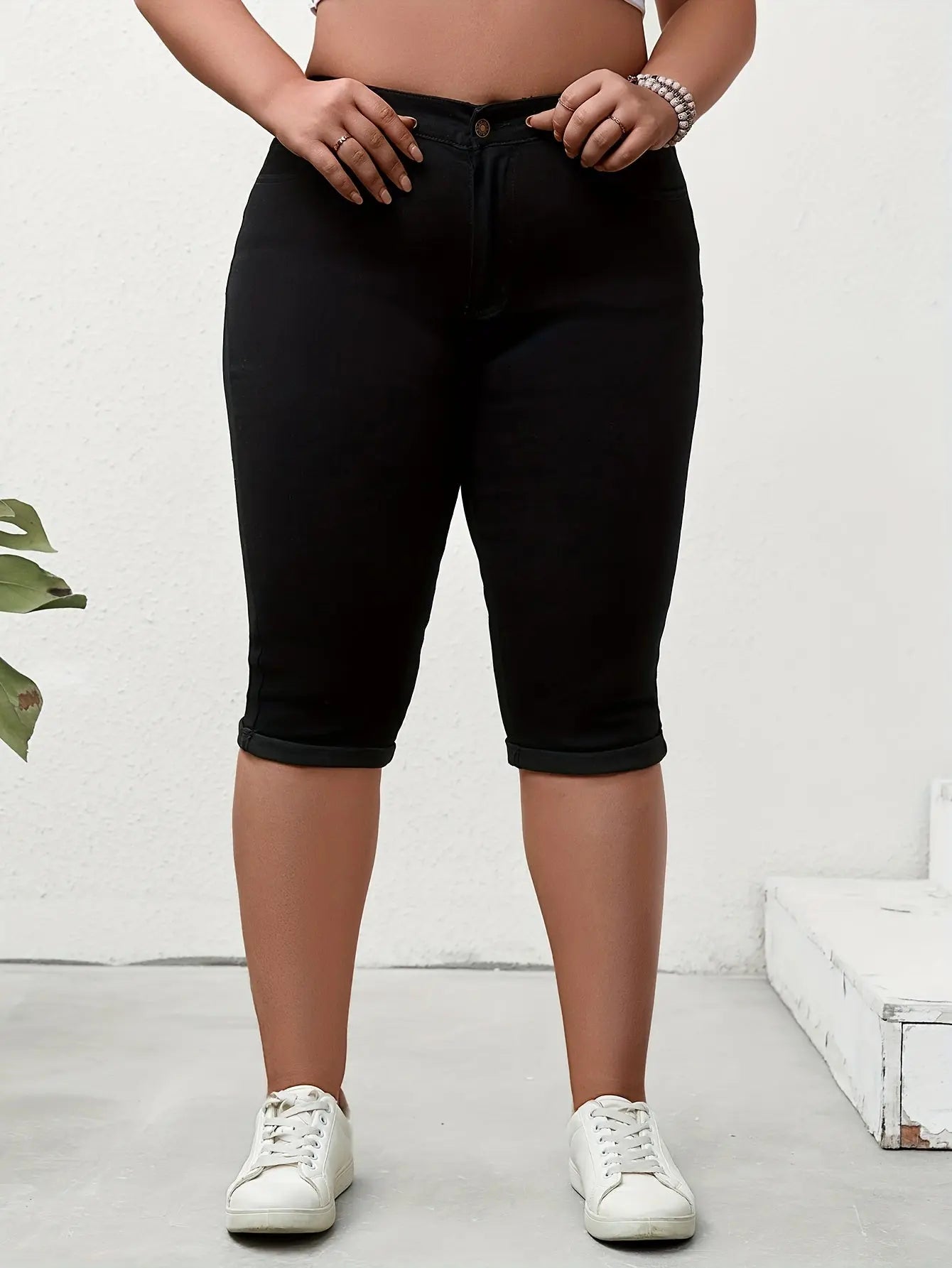 Plus Size Stretch Denim Pedal Pushers - Comfort Fit, High-Waist, Zip & Button Closure - Fashionable Everyday Wear Temu